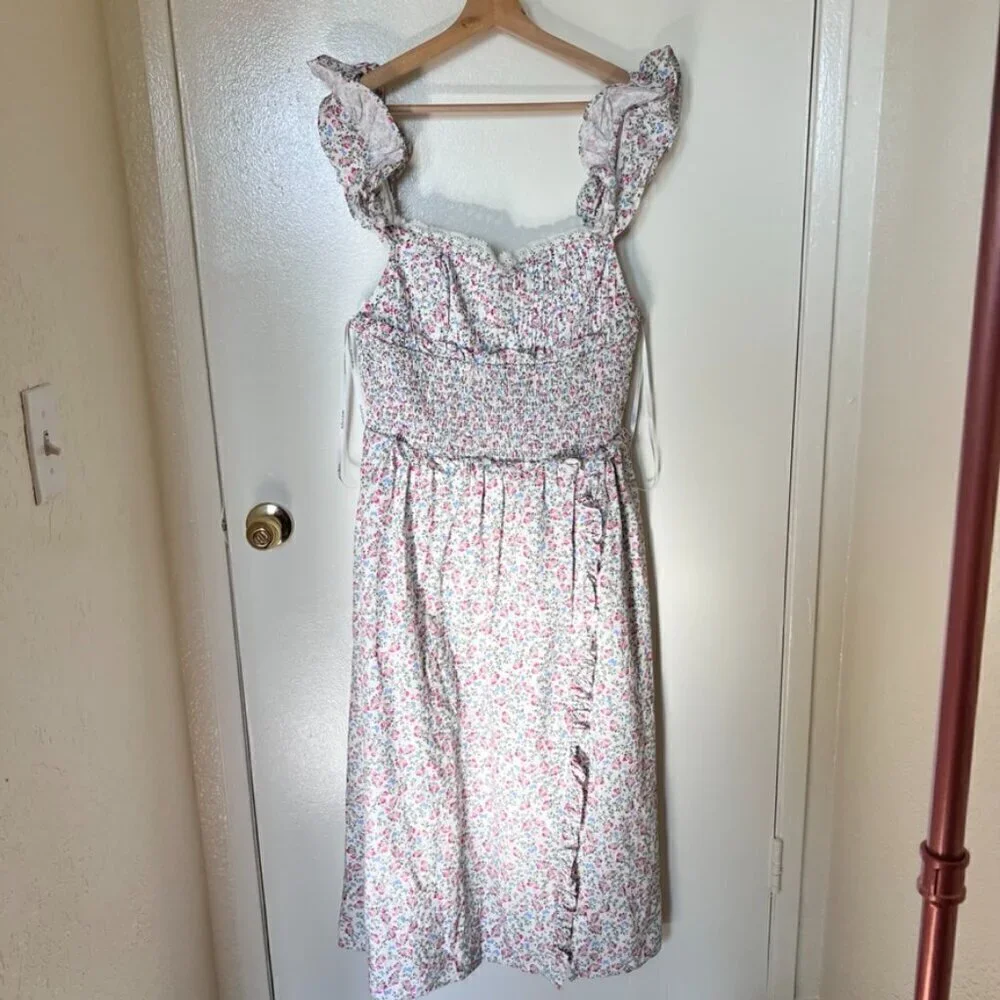 For Love & Lemons Amalfi White Pastel Floral Ruffle Midi Dress 1X​​​​​​​​​​